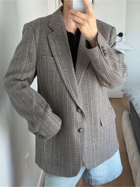 Classic Plaid Wool-Blend Blazer Jacket - Brown gray